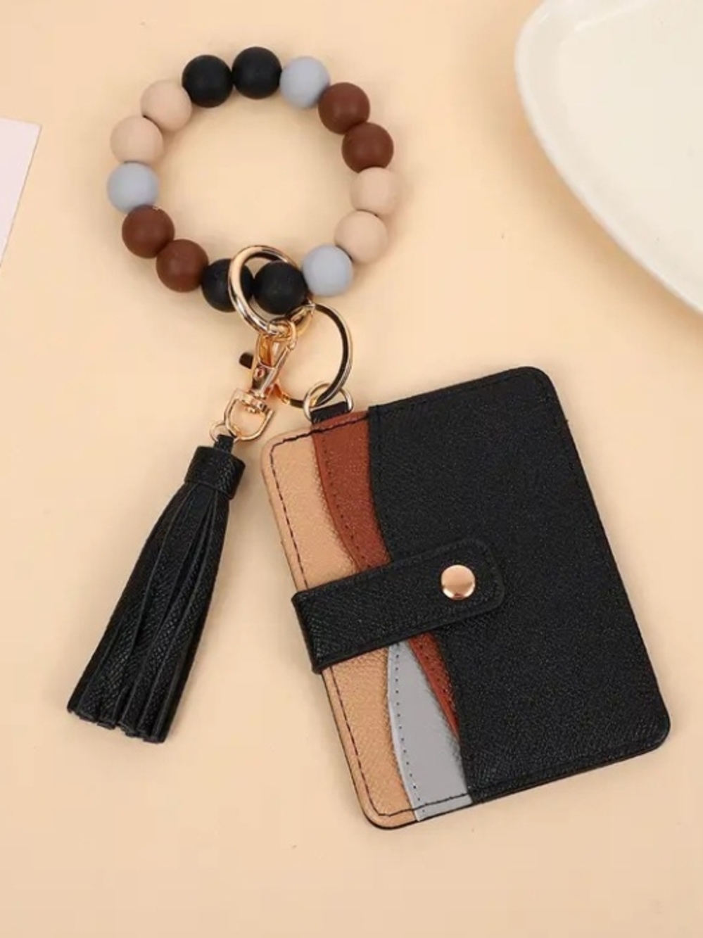 Beaded Wristlet Keychain Cardholder with Tassel - Black